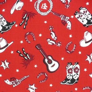 Rare Red Bandana fabric, FQ or more, western fabric, Alexander Henry, cowboy hats, cactus, horseshoes, Vintage, 18"x22"