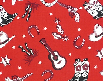 Rare Red Bandana fabric, FQ or more, western fabric, Alexander Henry, cowboy hats, cactus, horseshoes, Vintage, 18"x22"