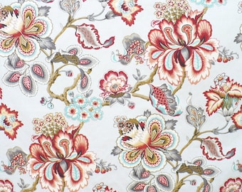 Tela jacquard de algodón con estampado floral jacobino, color mineral, 54" de ancho, por metro.