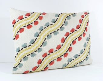Pillow cover, embroidered, Coral, Blue, Yellow, Vintage, Cotton, Decorative sham, 15"x20"