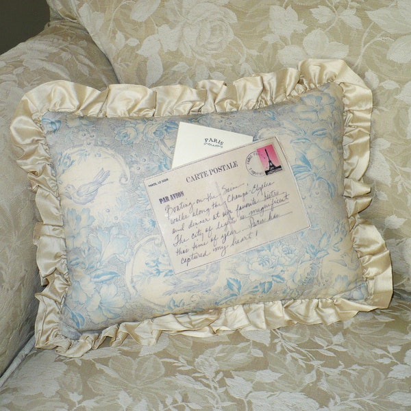 Blue Toile Pillow,  Paris pillow, Accent pillow 12x16 inches, Silk ruffle, Blue toile Pillow, pillow with pocket, French theme pillow