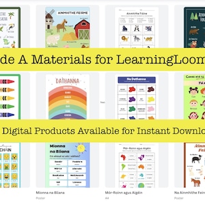 Könnte beinhalten: Eine Sammlung von Lernpostern mit farbenfrohen Illustrationen und Texten. Die Poster behandeln verschiedene Themen, darunter Tiere, Emotionen, Farben und das Alphabet. Der Text "Grade A Materials for LearningLoomers" ist zu sehen.