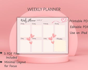 Valentine's Day Weekly Planner, Heart Design, Printable & Editable PDF
