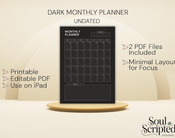 Dark Minimalist Monthly Planner | Printable & Fillable PDF I A4 and US LETTER