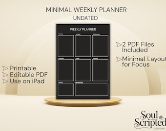 Minimalist Weekly Planner | Dark Undated, Printable & Fillable (PDF Download) A4 and US LETTER
