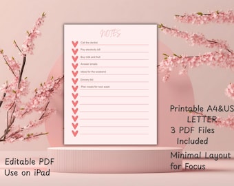 Pink Heart Notes Page | Printable Lined Sheet (Editable PDF, A4/Letter Size)