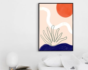 PAYSAGE ABSTRAIT // Mid Century affiches, 8X10, 12X16, 18X24, orange et bleu, boho décor, affiche paysage, art abstrait, pampa style art