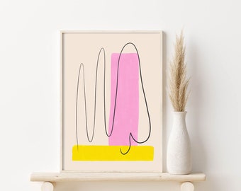 OUTLINE of PATHS //  Mid Century Poster, 8x10, 10x10, 18x24, minimalist print, Pastel colors, abstract, vintage look print, yellow and pink