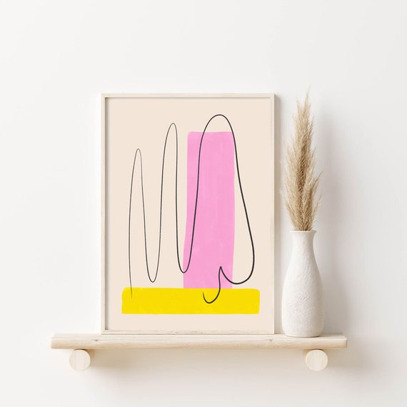 OUTLINE of PATHS //  Mid Century Poster, 8x10, 10x10, 18x24, minimalist print, Pastel colors, abstract, vintage look print, yellow and pink