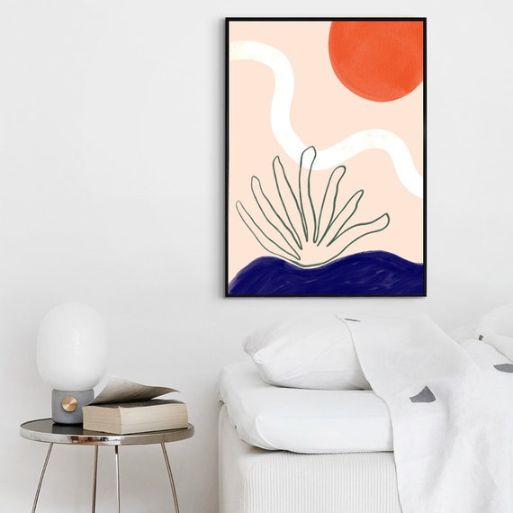 LANDSCAPE ABSTRACT //  Mid Century Poster, 8x10, 12x16, 18x24, minimalist art, landscape, art, vintage style poster, orange and bleu print