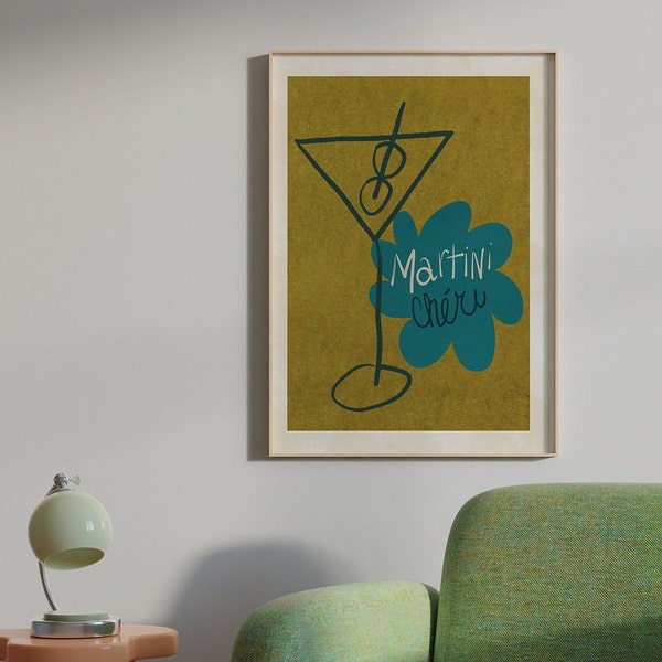 APERO #02 // Martini Chéri, LIMITED EDITION 12x16, 18x24, aesthetic poster, bar cart art, colorful poster, funny poster, green, 1990 poster