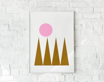 MOUTAINES AND SUN  // Abstract Poster, 8x10, 16X20, 18x24, minimalist art print, Pastel colors, boho, vintage, pink, brun