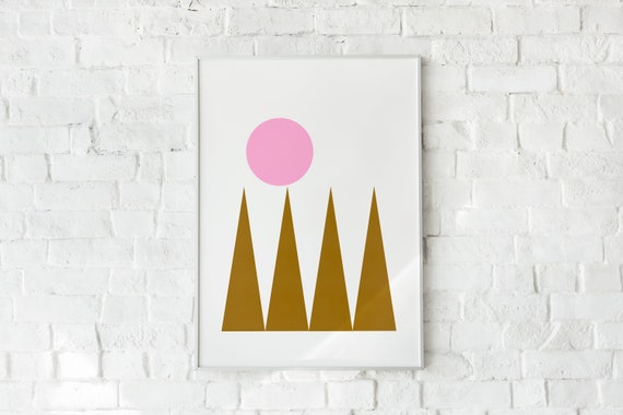 MOUTAINES AND SUN  // Abstract Poster, 8x10, 16X20, 18x24, minimalist art print, Pastel colors, boho, vintage, pink, brun