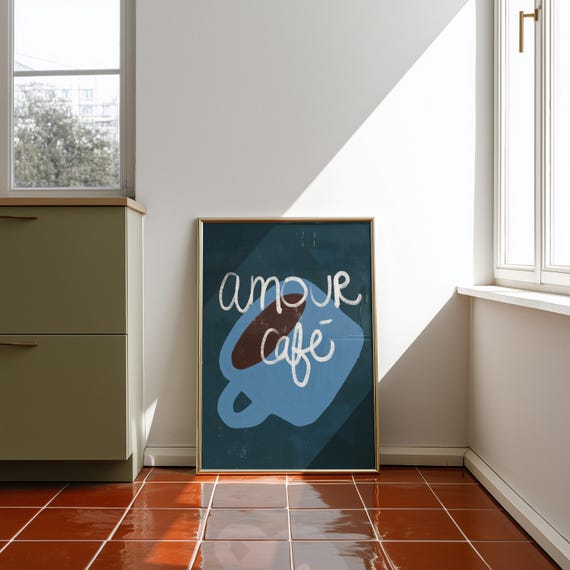 Coffee Print, Minimalist Kitchen Wall Art, French Café Poster, Playful Blue Abstract Art, Modern Coffee Lover Gift