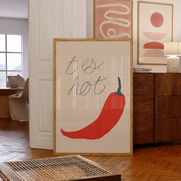 T'ES HOT // Abstract Poster, 8x10, 12x16, 18x24, minimalist art print, hot pepper poster, funny quote, red and green