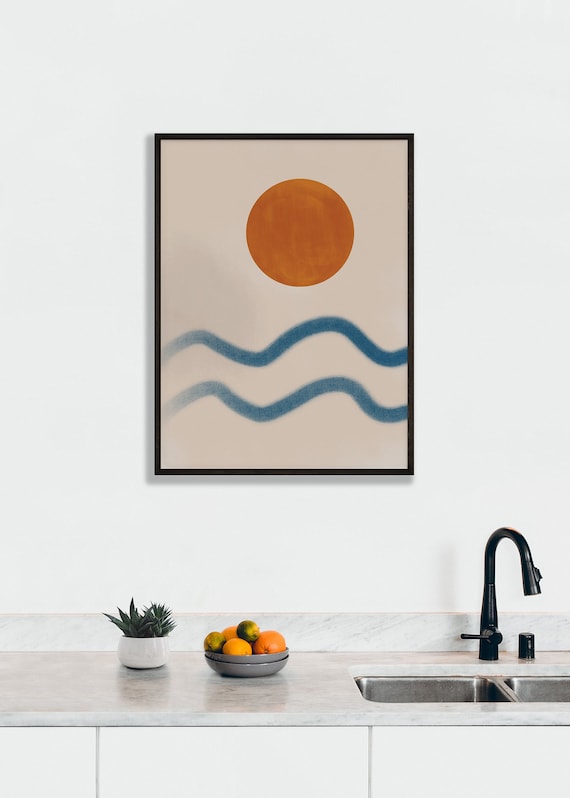 SUNSET at THE BEACH  // Mid Century Poster, 8x10, 12x16, 10X10, 16X16, 18x24, minimalist art print, landscape, art, sun, orange