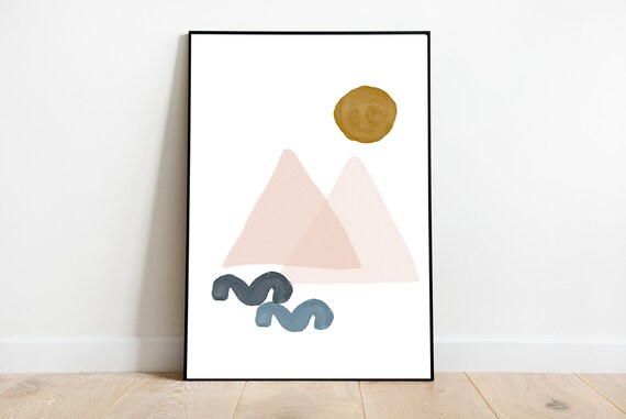 MOUNTAINS AND SUN // Mid Century Poster 10x10 minimalist art print, Pastel colors, abstract, art, circle, pink