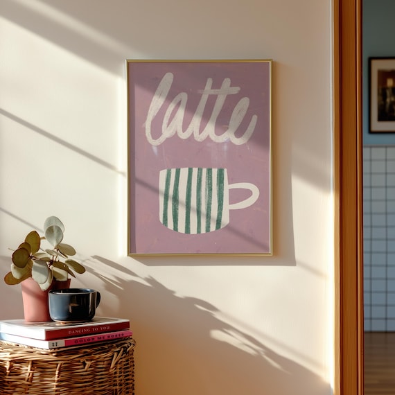 Latte Coffee Print | Pink Kitchen Wall Art | Minimalist Coffee Poster | Café Decor | Modern Kitchen Artwork