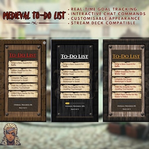 Puede incluir: Tres listas de tareas de estilo medieval con un marco de madera. Cada lista tiene el título "To-Do List" e incluye tareas como "Forjar una nueva espada para la batalla", "Reunir provisiones para la fiesta de invierno" y "Completar la misión del mensajero real".