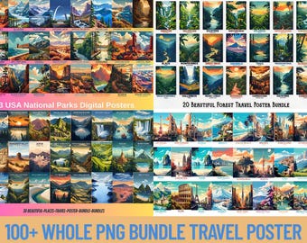 Bundel met 100+ reisafdrukken, vintage reiskunst aan de muur, stadsposterset, Wanderlust-decor, digitale download, galerijwandpakket, commercieel gebruik