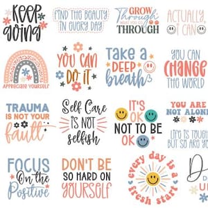 May include: A digital download of 18 colourful motivational quotes with positive affirmations. The quotes are in a variety of fonts and styles, and feature illustrations of rainbows, flowers, and smiley faces.