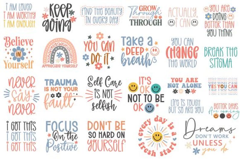May include: A digital download of 18 colourful motivational quotes with positive affirmations. The quotes are in a variety of fonts and styles, and feature illustrations of rainbows, flowers, and smiley faces.