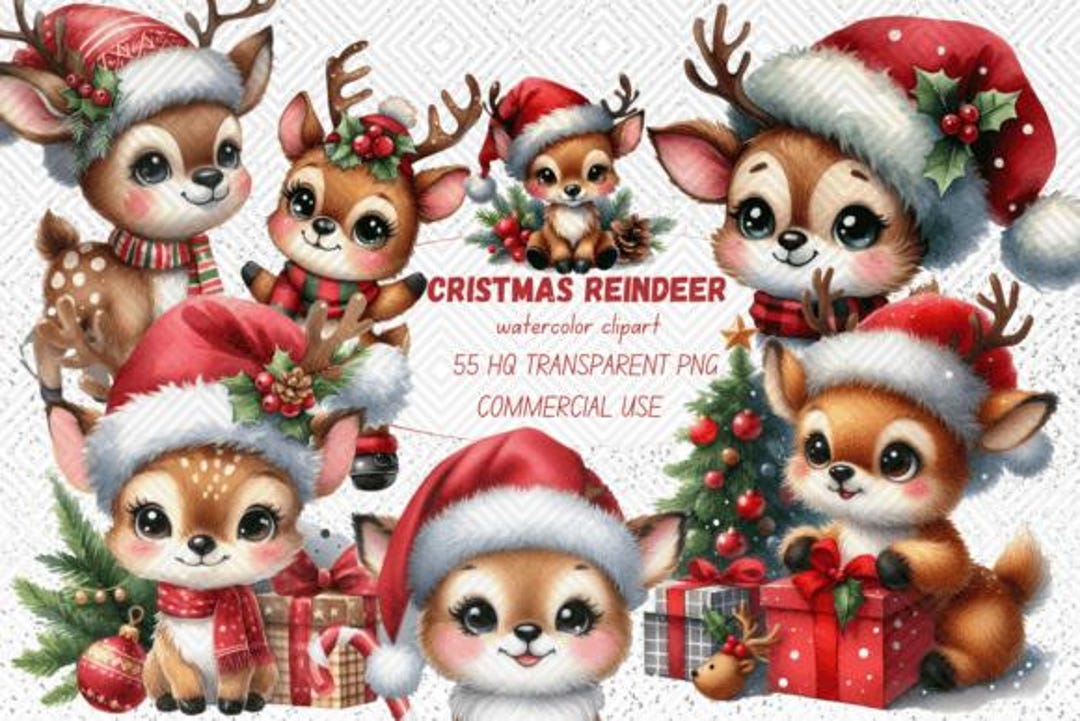 55 Cute Reindeer PNG Clipart Set, Christmas Deer, Watercolor Santa ...