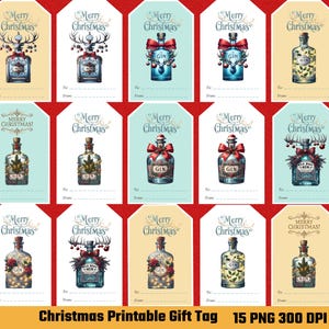 PNG バンドル、印刷可能なクリスマス ワイン ボトル タグ - ヒイラギの緑のジン ボトル ビブ - ホリデー ワイン ギフト タグ - パーソナライズされたクリスマス タグ