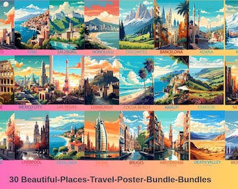 May include: A collection of 30 travel posters featuring various global destinations, including Tokyo, Rome, and Paris. Each poster showcases a unique cityscape or landscape in vibrant colors, with the city name displayed at the bottom. The posters are bundled together.