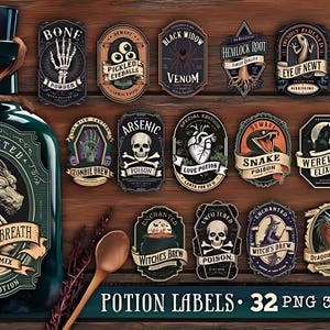 May include: A collection of 32 potion labels with vintage designs. The labels feature illustrations of ingredients like bone powder, snake poison, and werewolf elixir. A green bottle with a dragon label is also present.