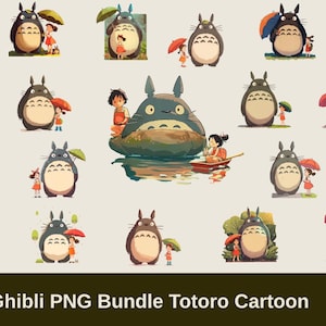 Pu&ograve; includere: Una collezione di illustrazioni di cartoni animati con i personaggi di Totoro del film Ghibli. Le immagini raffigurano Totoro con una ragazza, spesso con ombrelli. La tavolozza dei colori comprende sfumature di grigio, marrone e rosso.