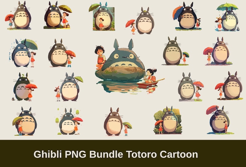 Pu&ograve; includere: Una collezione di illustrazioni di cartoni animati con i personaggi di Totoro del film Ghibli. Le immagini raffigurano Totoro con una ragazza, spesso con ombrelli. La tavolozza dei colori comprende sfumature di grigio, marrone e rosso.
