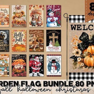 May include: A set of 80 digital garden flag designs featuring fall, Halloween, and Christmas themes. The designs include pumpkins, ghosts, snowmen, and other festive imagery. The flags are perfect for adding a touch of seasonal cheer to your home.