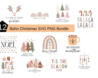 Conjunto de imágenes prediseñadas navideñas estilo boho, paquete SVG PNG (descarga instantánea)