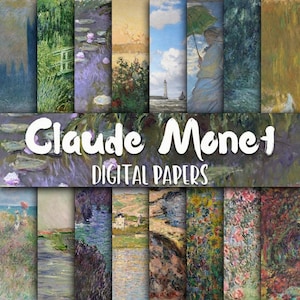 May include: A digital paper pack featuring 12 different images inspired by the artwork of Claude Monet. The images include water lilies, landscapes, and seascapes in a variety of colours and styles.