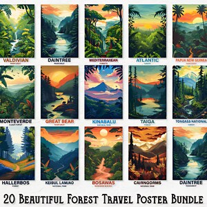 May include: A set of 20 forest travel posters, each depicting a different scenic landscape. The posters, labelled with locations such as Amazon and Taiga, feature colourful illustrations of forests, mountains, and rivers, with a sunset in many.