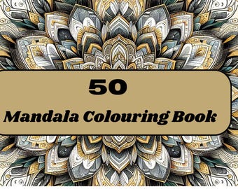 Pode incluir: Um livro de colorir de mandalas marrom e dourado com 50 desenhos intrincados. A capa apresenta um mandala detalhado com um padrão preto e branco.
