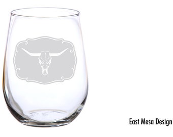 Longhorn Etched Wine Glass