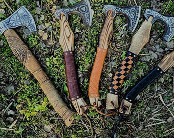 Custom Handcrafted Viking Bearded Axe | Engraved on Carbon Steel Head Axe and Wooden Handle with Leather Grip | For Gift, Cosplay, LARP