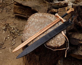 Engraved Wooden Sword, LARP Medieval Training Sword, Real Ash Wood Prop Blade for Kids & Adults