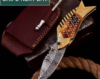 Personalized Pocket Knife, Damascus Pocket Knife, Fish Design Folding Knife, Custom Pocket Knife with Cover, Groomsmen Gift, Gift for Him.