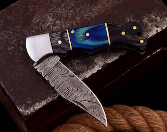 Engraved Pocket Knife, Handmade Damascus Knife, Custom Pocket Knife, Pocket Knive for Camping, Groomsmen Gift, Anniversary Gift,Wedding Gift