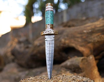 Custom Hand Forged Dagger | Double Edge Damascus Steel Knife | Resin Handle Fixed Blade Dagger