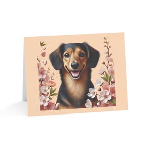 Juego de 10 tarjetas de felicitación con diseño de perro Daschund, arte de primavera personalizado: diversión única, ideal para amantes de las mascotas, ocasiones especiales, deseos de cumpleaños y agradecimientos.