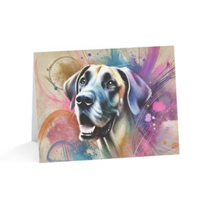 Juego de 10 tarjetas de felicitación con diseño de perro Gran Danés personalizado con salpicaduras artísticas. Ideal para amantes de las mascotas, ocasiones especiales, deseos de cumpleaños y agradecimientos.