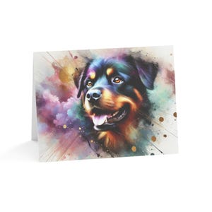 Juego de 10 tarjetas de felicitación con diseño de perro Rottweiler personalizado con salpicaduras artísticas. Ideal para amantes de las mascotas, ocasiones especiales, deseos de cumpleaños y agradecimientos.