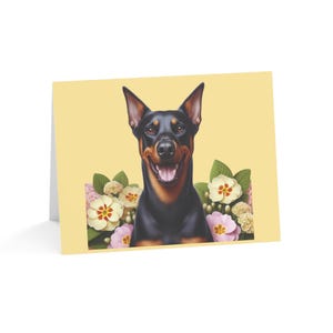 Juego de 10 tarjetas de felicitación con diseño de perro Doberman Pinscher, arte de primavera personalizado. Ideal para amantes de las mascotas, ocasiones especiales, deseos de cumpleaños y agradecimientos.