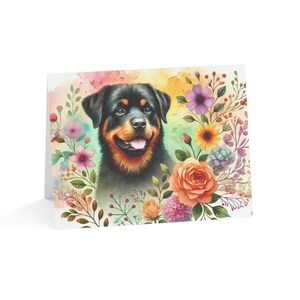 Juego de 10 tarjetas de felicitación con diseño de perro rottweiler con flores personalizadas: diversión única, ideal para amantes de las mascotas, ocasiones especiales, deseos de cumpleaños y agradecimientos.