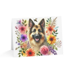 Juego de 10 tarjetas de felicitación con diseño floral personalizado de pastor alemán: ideal para amantes de las mascotas, ocasiones especiales, cumpleaños y agradecimientos.