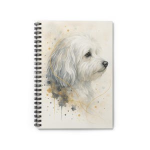 May include: Watercolor painting of a white dog with fluffy fur, set against a background of soft brown and gold watercolor washes.